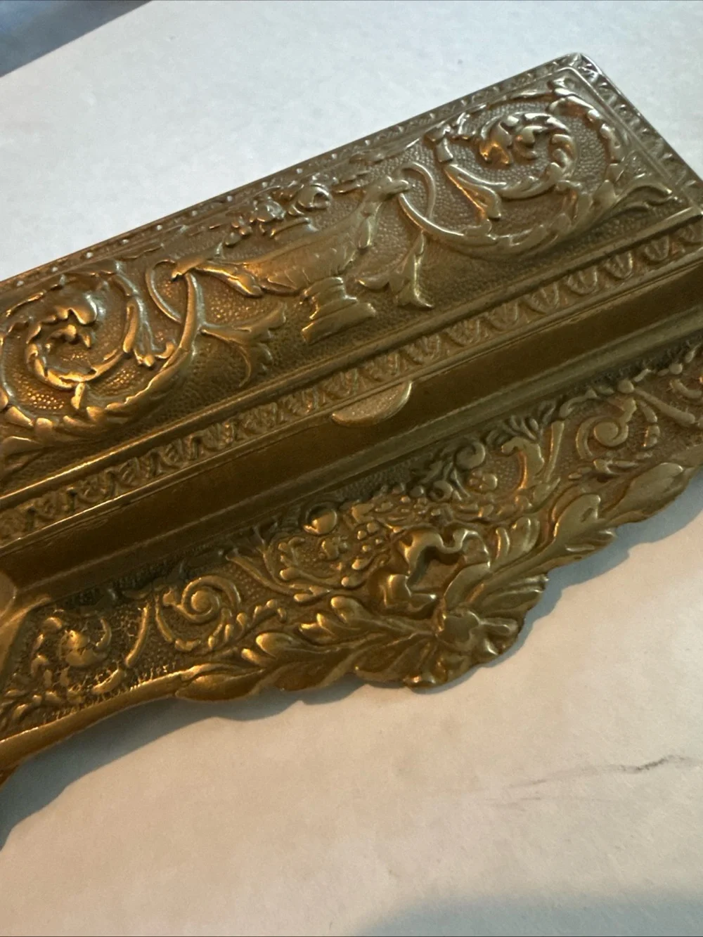 Antique Brass Stamp Box Desk Top Art Nouveau Decoration 5.5” Long ,3 1/4” Wide
